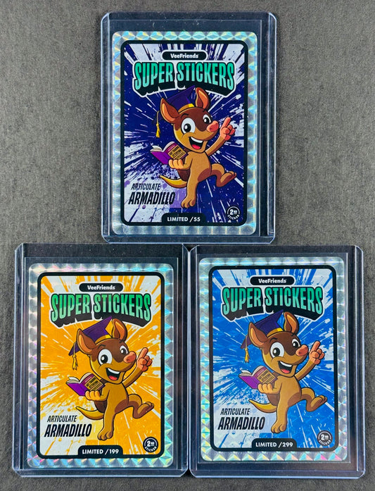 VeeFriends Super Stickers – Articulate Armadillo 3-Card Bundle – Purple Splash /55 + Orange Splash /199 + Manga Blue Burst /299