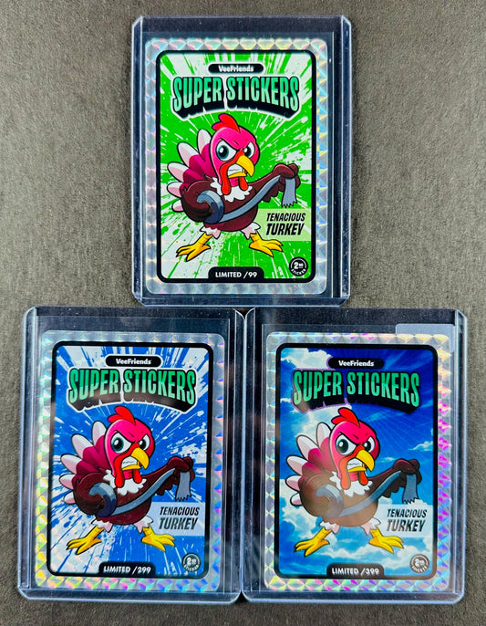 VeeFriends Super Stickers – Tenacious Turkey 3-Card Bundle – Green Splash /99 + Blue Splash /299 + Manga Clouds /399