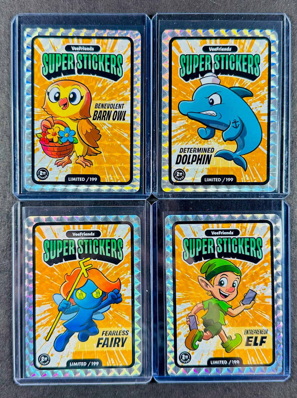 VeeFriends Super Stickers – 4-Card Orange Splash Bundle – Barn Owl + Dolphin + Fairy + Elf – All /199