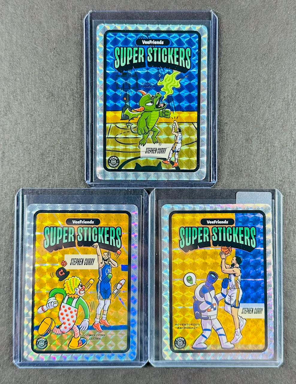 VeeFriends Super Stickers – Curry Crossover - 3-Card Bundle – Driven Dragon + Competitive Clown + Adventurous Astronaut