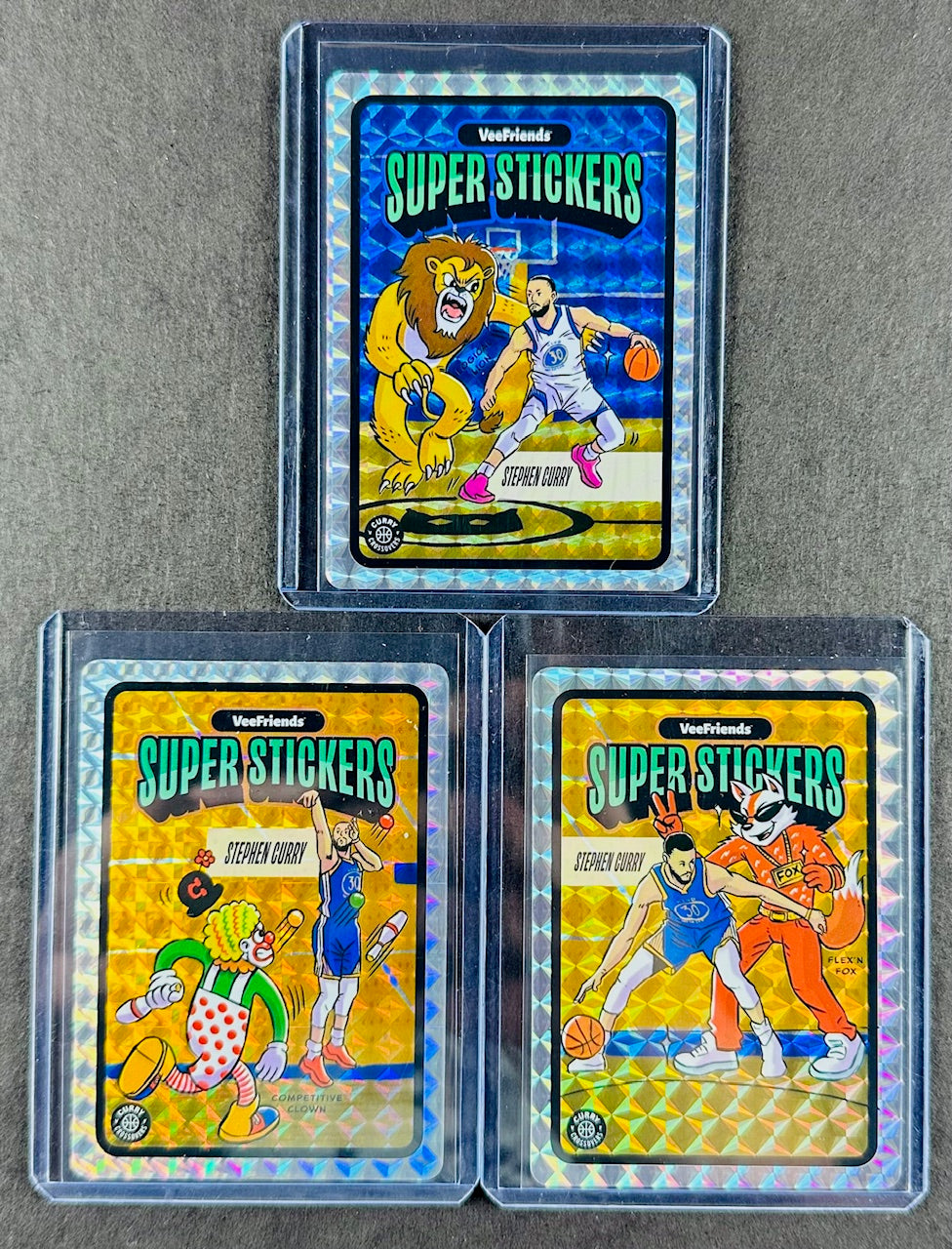 VeeFriends Super Stickers – Curry Crossovers 3-Card Bundle – Logical Lion + Competitive Clown + Flex’n Fox