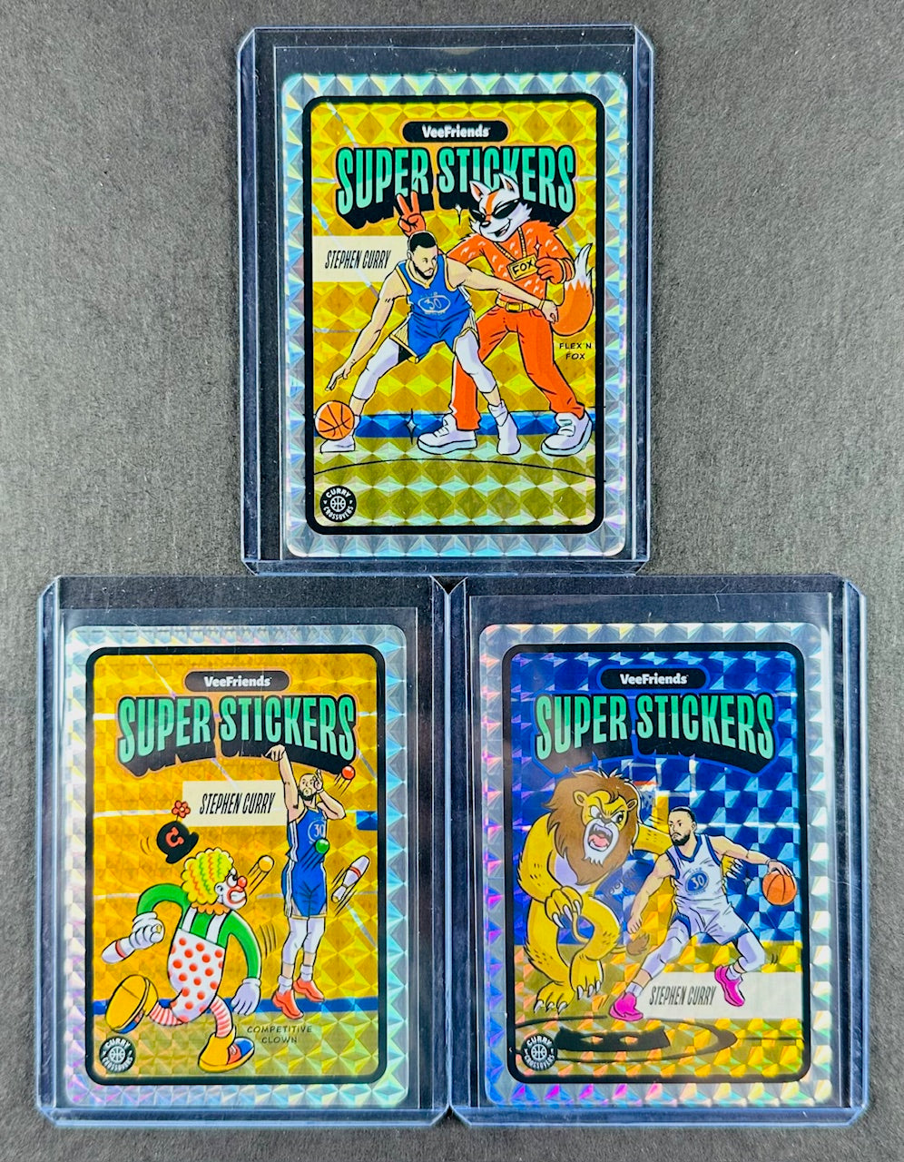 VeeFriends Super Stickers – Curry Crossovers 3-Card Bundle – Flex’n Fox + Competitive Clown + Logical Lion