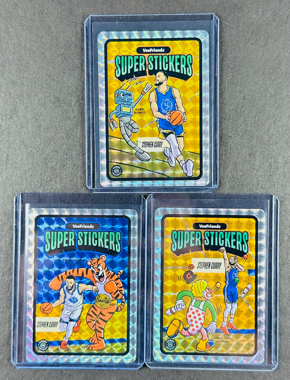 VeeFriends Super Stickers – Curry Crossovers 3-Card Bundle – Rare Robot + Tremendous Tiger + Competitive Clown