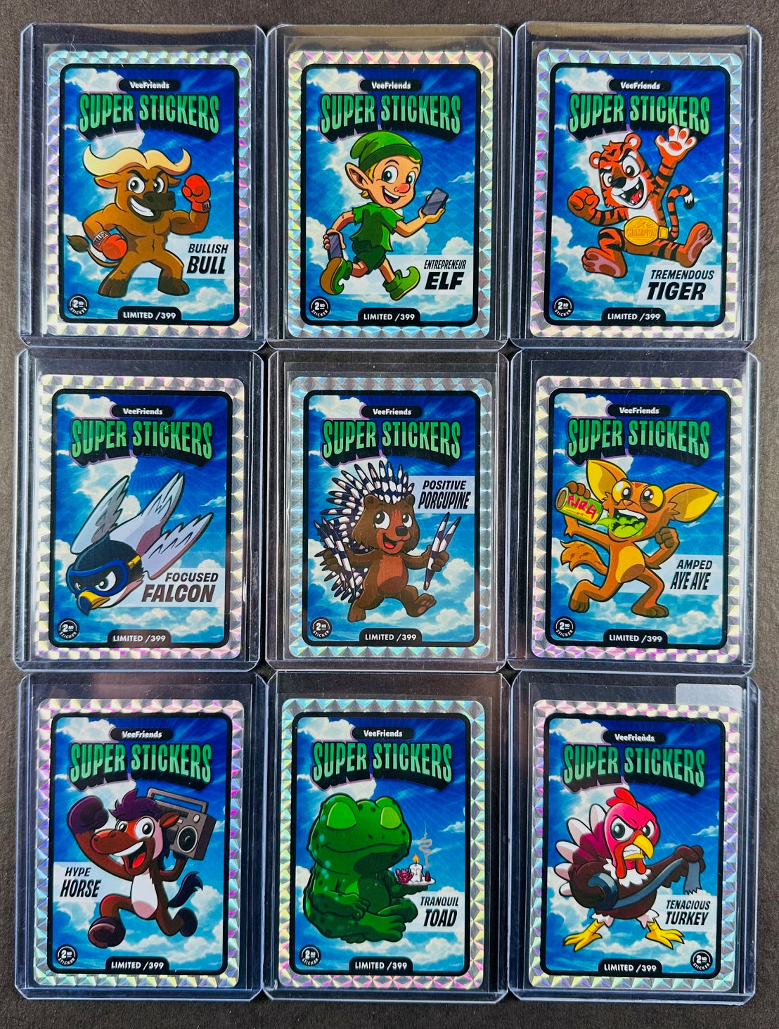 VeeFriends Super Stickers – Manga Cloud 9-Card Bundle – Bullish Bull + Entrepreneur Elf + Tremendous Tiger + Focused Falcon + Positive Porcupine + Amped Aye Aye + Hype Horse + Tranquil Toad + Tenacious Turkey