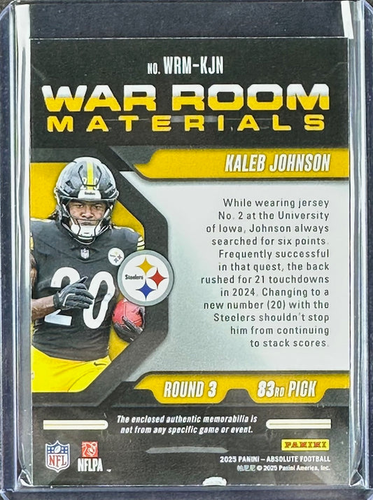 2025 Panini Absolute – Kaleb Johnson – War Room Materials – Rookie Patch 4/49 – Round 3 Pick 83 – Steelers