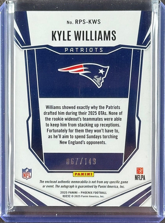 2025 Panini Phoenix – Kyle Williams – Rookie Patch Auto #RPS-KWS – Tri-Color Patch – 067/149 – Patriots – Rookie
