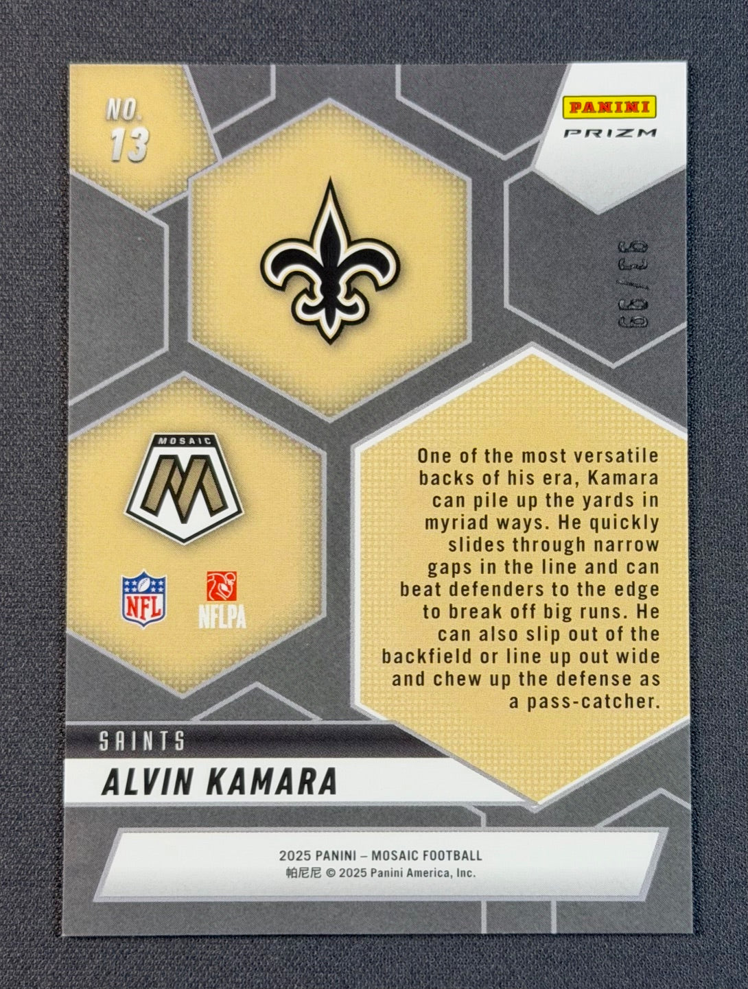 2025 Panini Mosaic Alvin Kamara Montage Blue #13 /99 Saints SSP Serial 93/99
