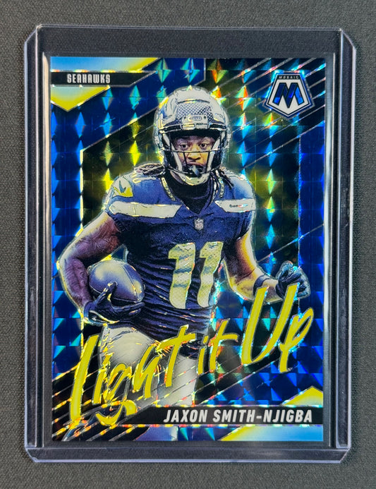 2025 Panini Mosaic Light It Up Jaxon Smith-Njigba #4 Blue Mosaic /99 Seahawks SSP