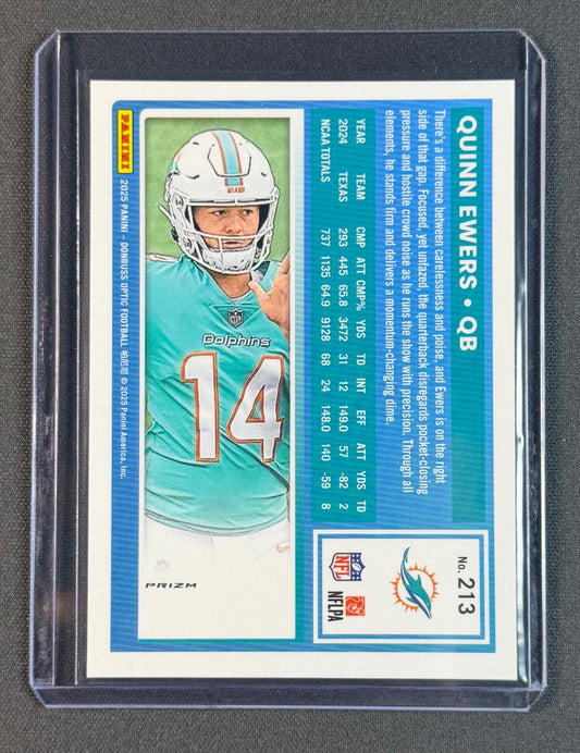 2025 Donruss Optic Quinn Ewers Rated Rookie Blue Prizm #213 – Miami Dolphins RC