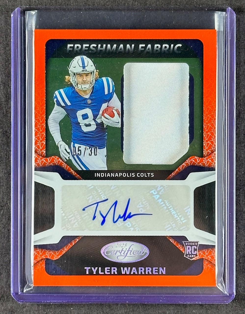 2025 Panini Certified – Tyler Warren Freshman Fabric #FBC-TWN – Orange 05/30 – Patch Auto Rookie