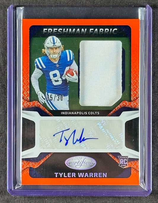 2025 Panini Certified – Tyler Warren Freshman Fabric #FBC-TWN – Orange 05/30 – Patch Auto Rookie