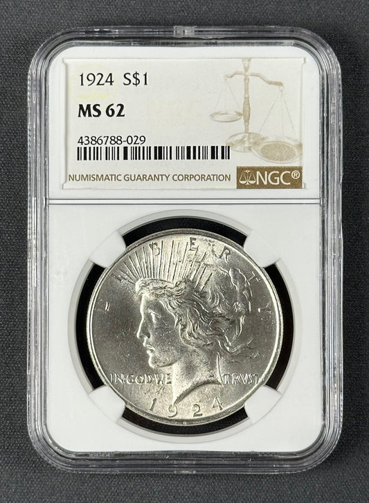 1924 Peace Silver Dollar $1 – NGC MS62 – U.S. Silver Coin
