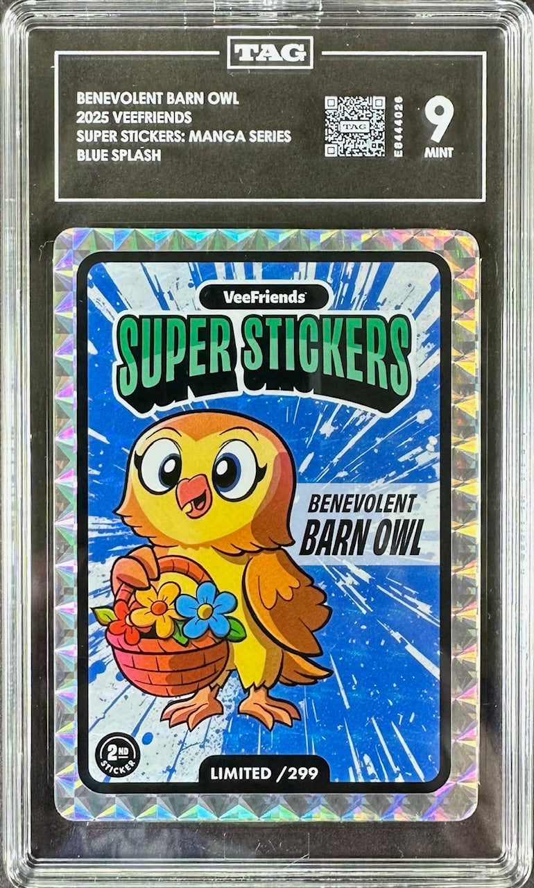 2025 VeeFriends – Benevolent Barn Owl Blue Splash /299 TAG 9 Mint – Super Stickers: Manga Series