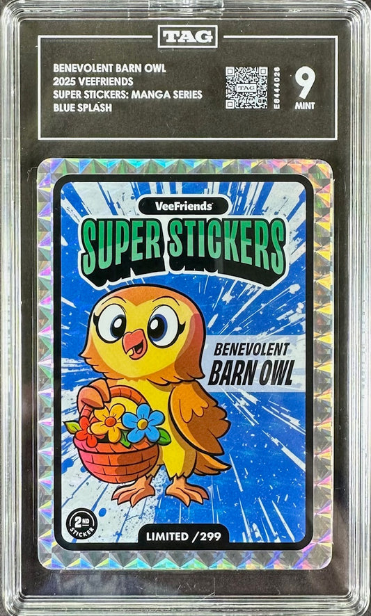 2025 VeeFriends – Benevolent Barn Owl Blue Splash /299 TAG 9 Mint – Super Stickers: Manga Series