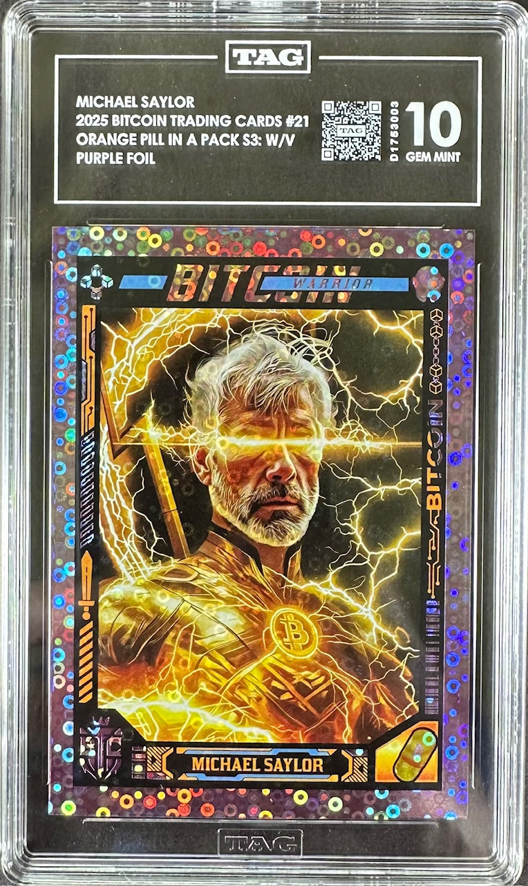 2025 Bitcoin Trading Cards – Michael Saylor Purple Foil – TAG 10 Gem Mint – Orange Pill in a Pack S3: W/V