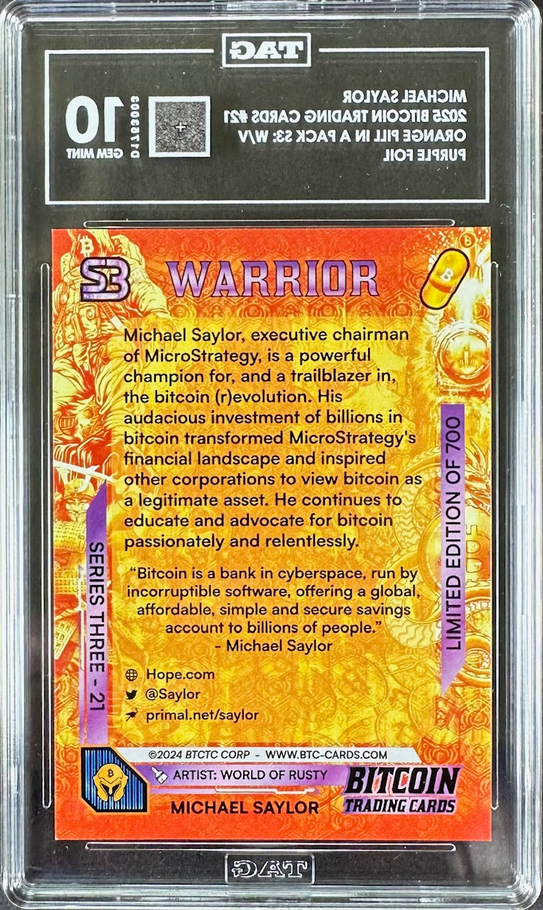 2025 Bitcoin Trading Cards – Michael Saylor Purple Foil – TAG 10 Gem Mint – Orange Pill in a Pack S3: W/V
