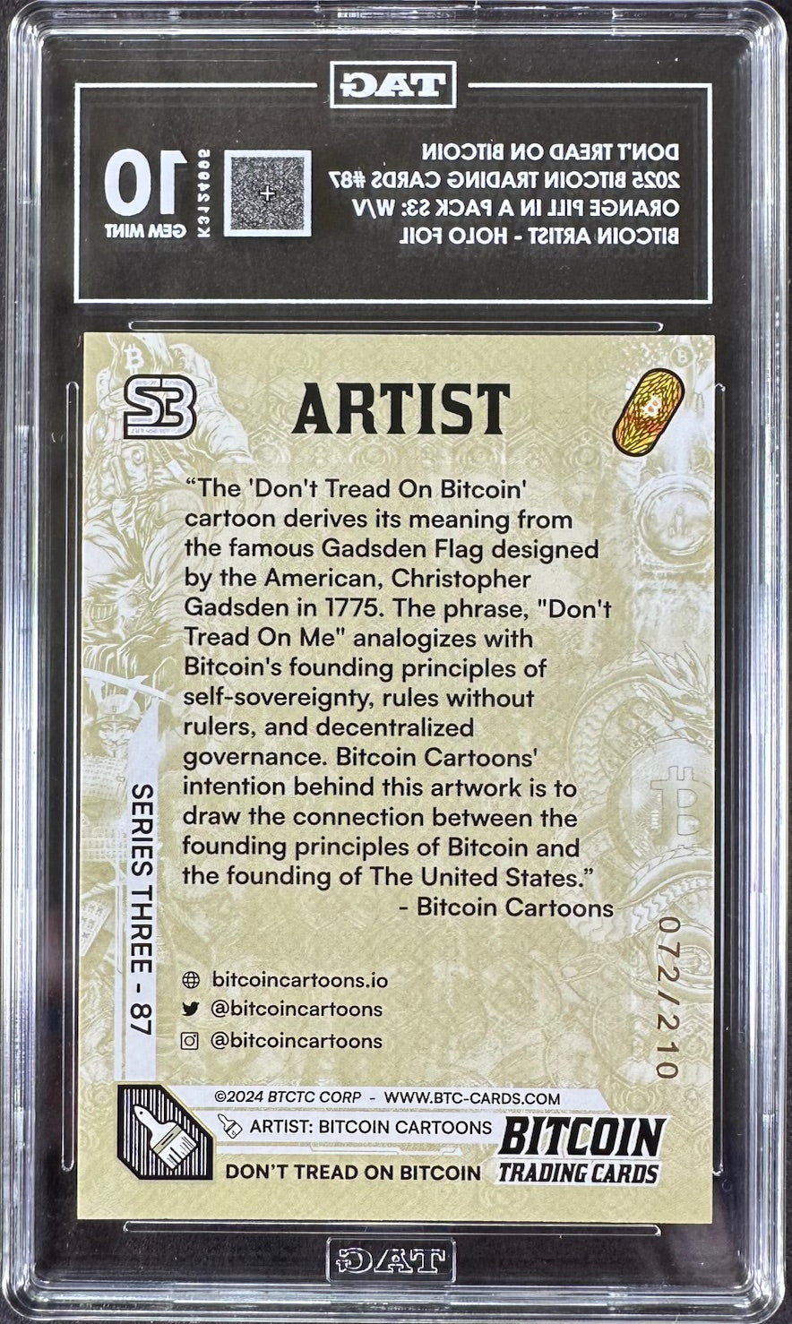 2025 Bitcoin Trading Cards – Don’t Tread on Bitcoin Holo Foil – TAG 10 Gem Mint – 072/210