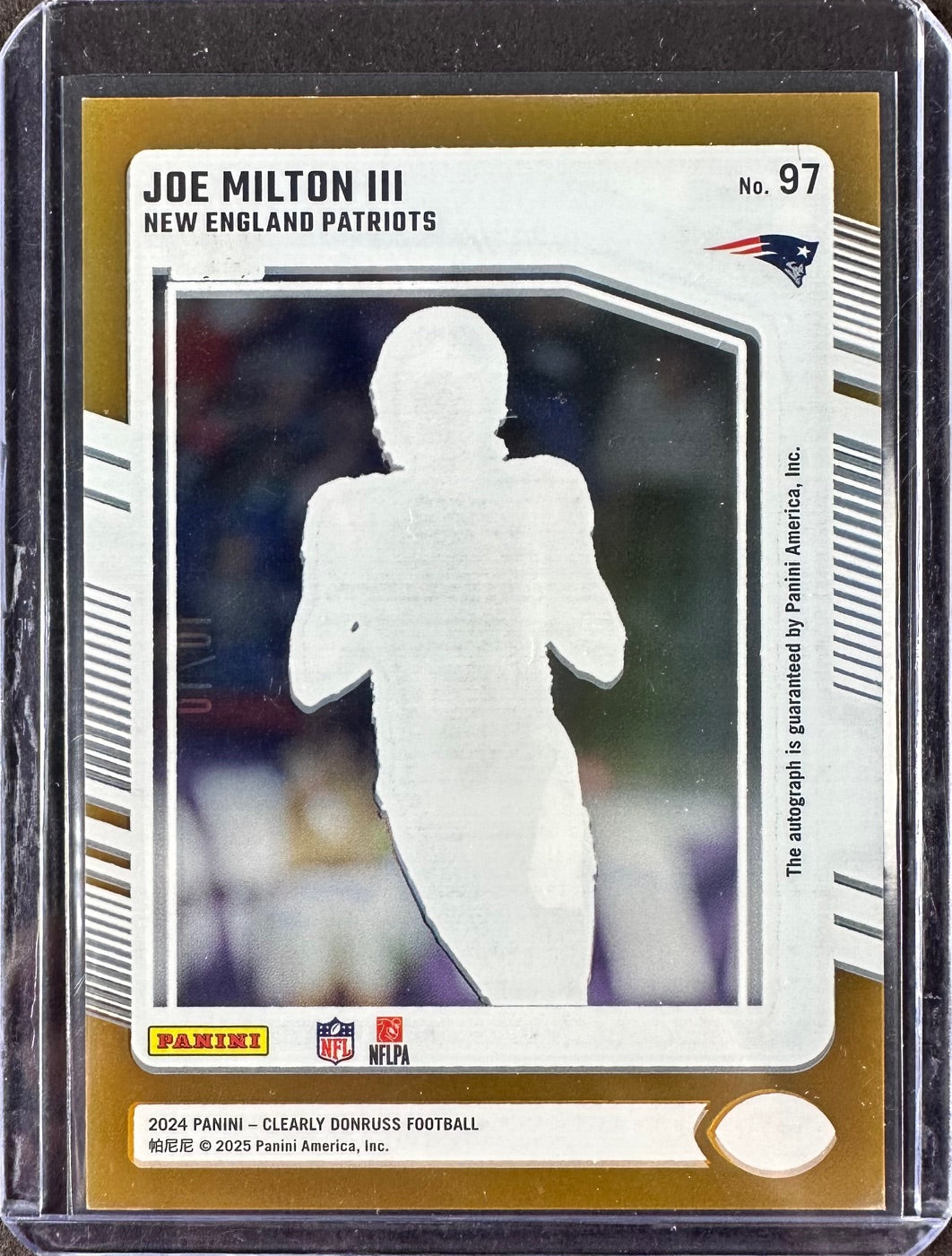 Joe Milton III – 2024 Panini Clearly Donruss Football – Gold 10/10 Auto #97 – New England Patriots