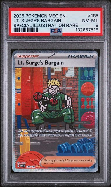 2025 Pokémon Mega Evolution (MEG) – Lt. Surge’s Bargain #185 – Special Illustration Rare – PSA 8