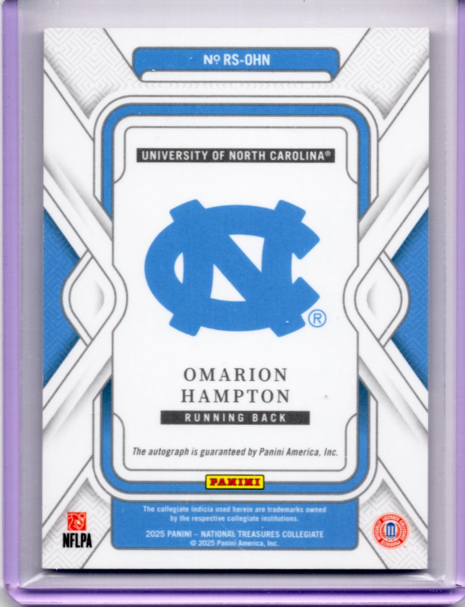 2025 Panini National Treasures Collegiate Omarion Hampton Rookie Auto #RS-OHN – University of North Carolina - 85/99