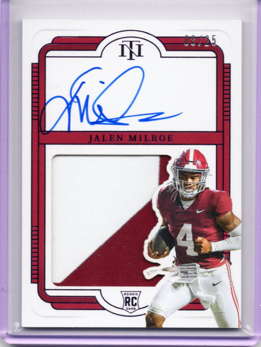 2025 Panini National Treasures Collegiate Jalen Milroe Rookie Patch Auto #103 – Alabama Crimson Tide – 08/25