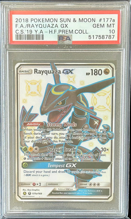 2018 Pokémon Sun & Moon Celestial Storm #177a FA/Rayquaza GX – Hidden Fates Premium Collection – PSA 10