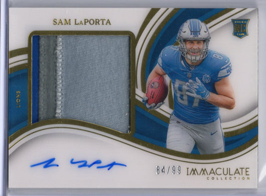 Sam LaPorta – 2023 Panini Immaculate Collection Premium Patch Auto #PP-SLA – 84/99 – Detroit Lions