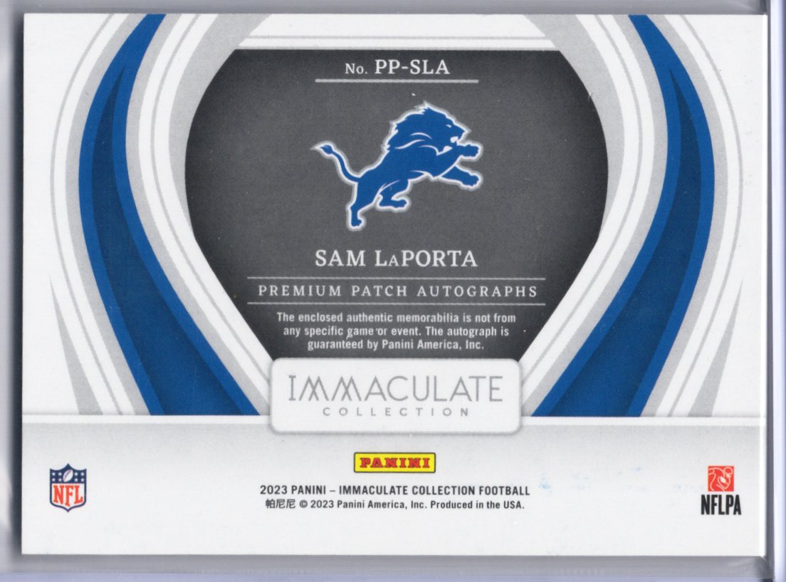 Sam LaPorta – 2023 Panini Immaculate Collection Premium Patch Auto #PP-SLA – 84/99 – Detroit Lions