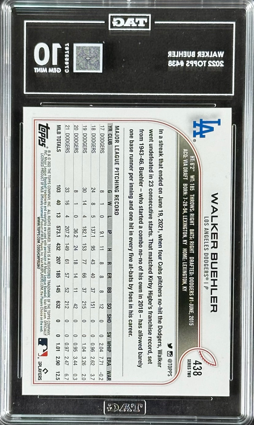 2022 Topps #438 Walker Buehler – Los Angeles Dodgers (TAG 10 GEM MINT)
